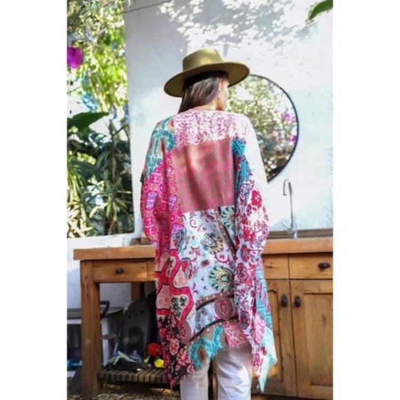 Mint Boho Patchwork Floral Bohemian Kimono Wrap Coverup Open Top Casual Spring - Picture 3 of 3